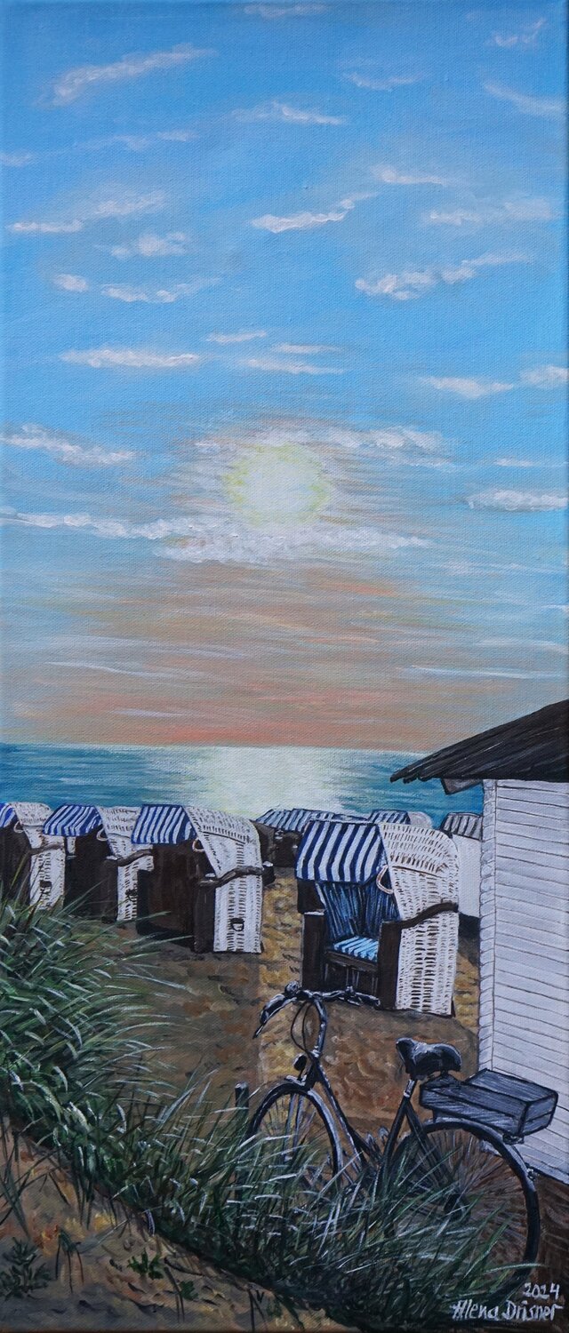 Mit dem Fahrrad am Strand beim Sonnenuntergang Alena Drisner Original painting for sale