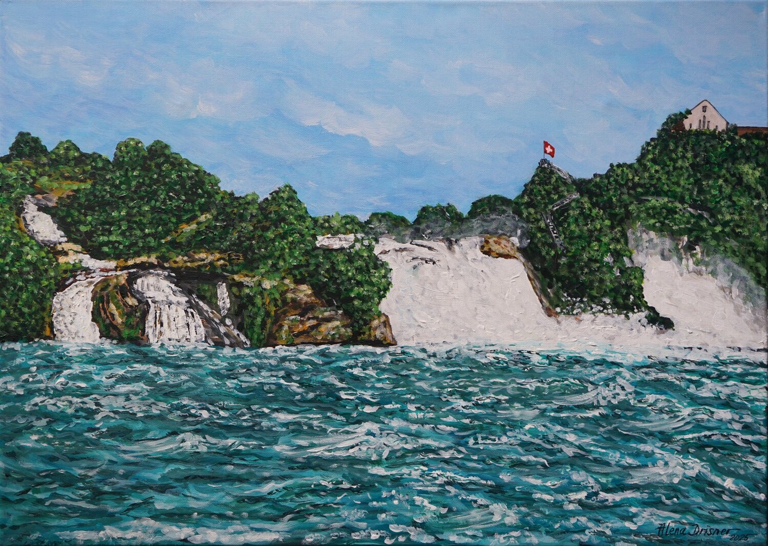 Beeindruckende Rheinfall Wasserfälle in der Schweiz Alena Drisner Original painting for sale