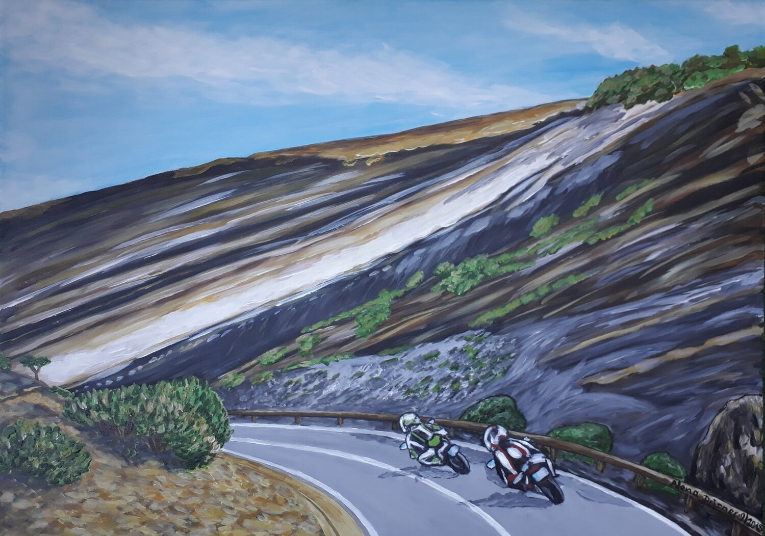 Eine Motorradtour in Teide Nationalpark auf Teneriffa Alena Drisner Original painting for sale