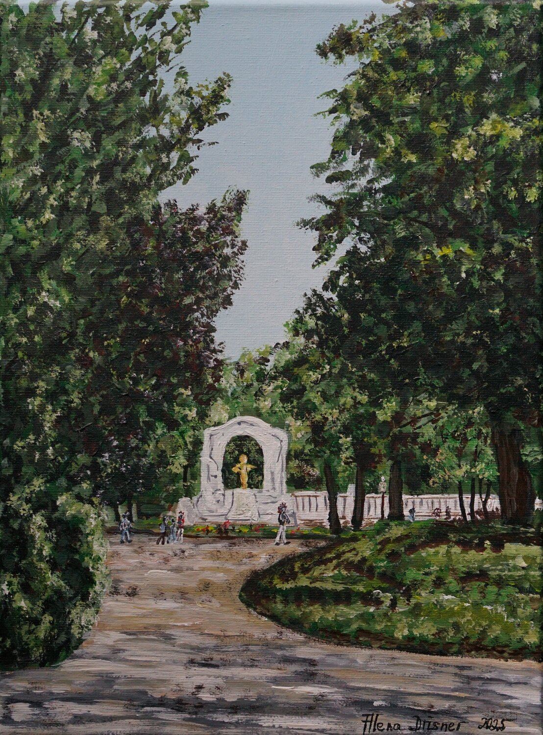 Burggarten in Wien mit der goldenen Mozartstatue Alena Drisner Original painting for sale