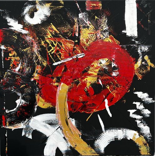 Gold, schwarz, rot mit zeitgenössischen Schwüngen wird abstrakt / Hotel Atrium "JW Marriott Marquis" Miami 2026 by Ben Plaumann, Painting for Sale on Select