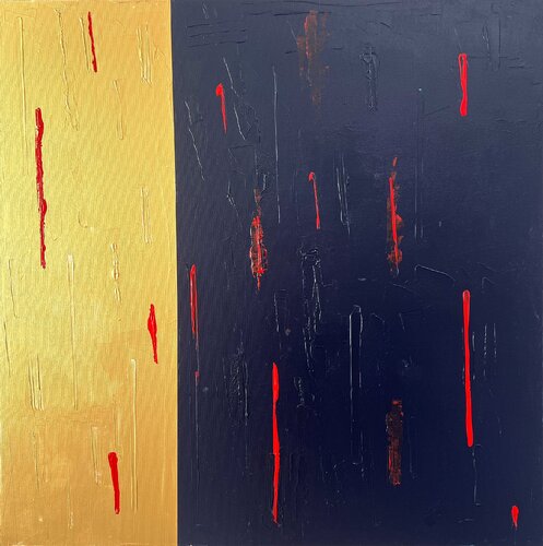 1/3 gold, 2/3 dunkel- blau mit rot wird abstrakt / "Session 7" Azur Galerie Berlin 2024 by Ben Plaumann, Painting for Sale on Select