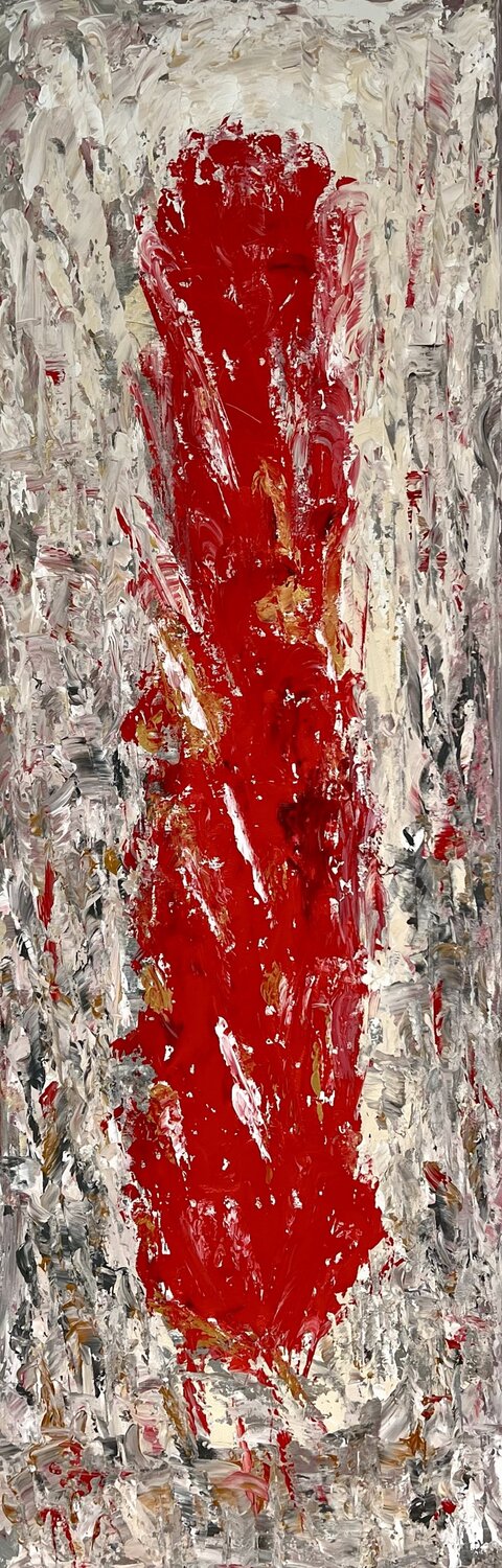 Rot, weiß, grau antik-anmutend wird abstrakt / SOLO Ausstellung "Berlin Goes Abstract" PICE Gallery Ben Plaumann Original painting for sale