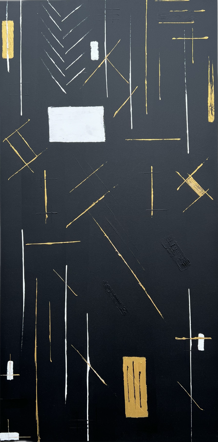 Abstrakte Geometrie in Gold / Singulart Galerie kuratiert Ben Plaumann Original painting for sale