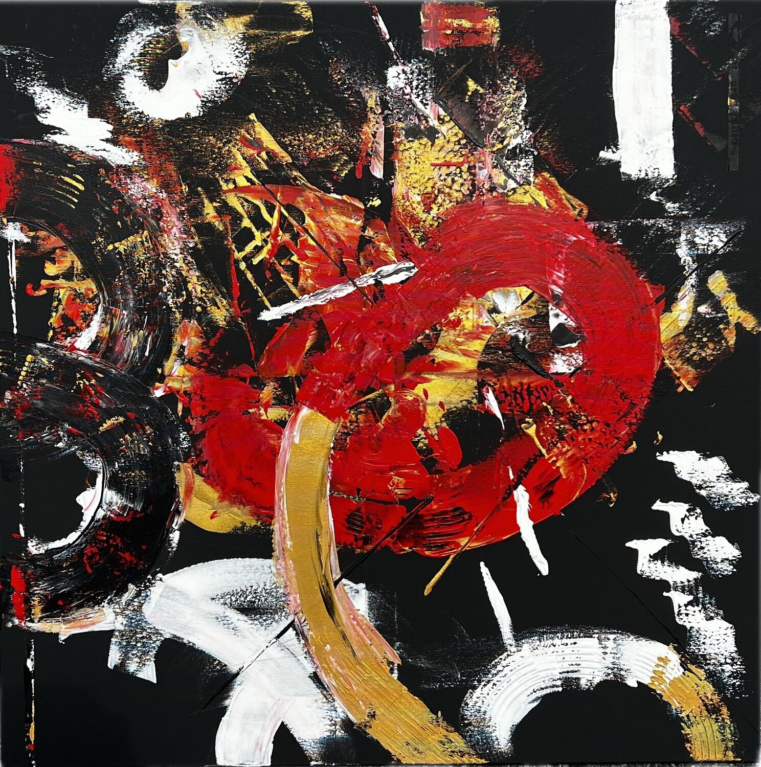 Gold, schwarz, rot mit zeitgenössischen Schwüngen wird abstrakt / Hotel Atrium "JW Marriott Marquis" Miami 2026 Ben Plaumann Original painting for sale