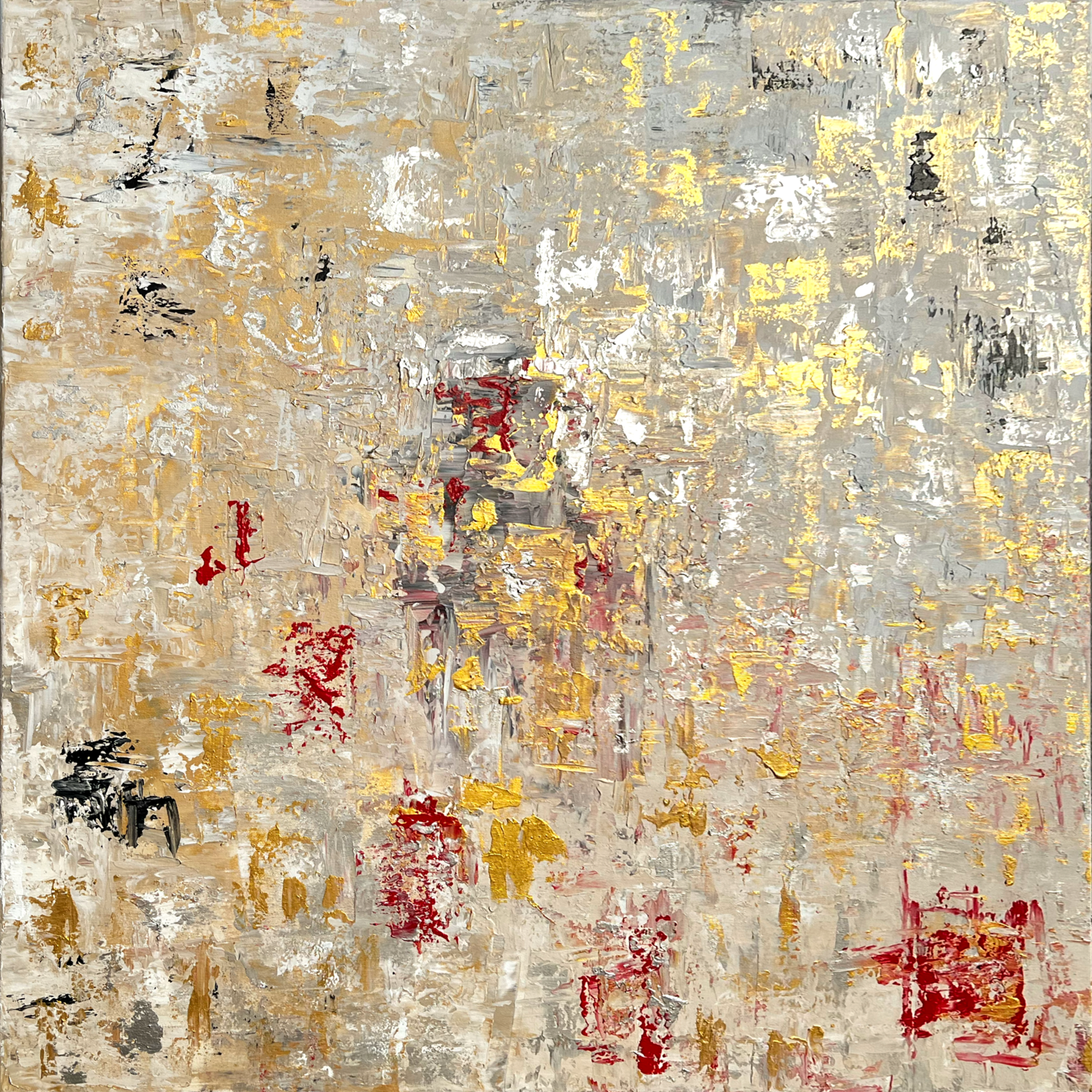 Gold, silber, rot und schwarz modern antik-anmutend wird abstrakt / Hotel Atrium "JW Marriott Marquis" Miami 2026 Ben Plaumann Original painting for sale