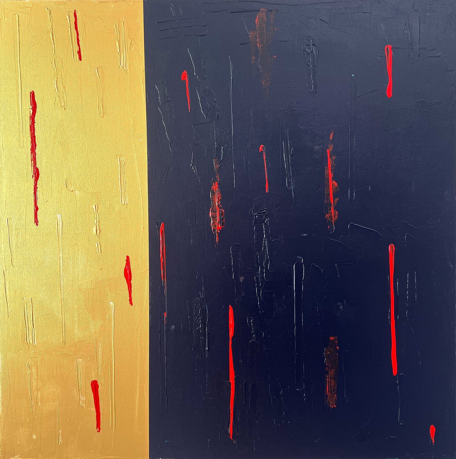 1/3 gold, 2/3 dunkel- blau mit rot wird abstrakt / "Session 7" Azur Galerie Berlin 2024 Ben Plaumann Original painting for sale
