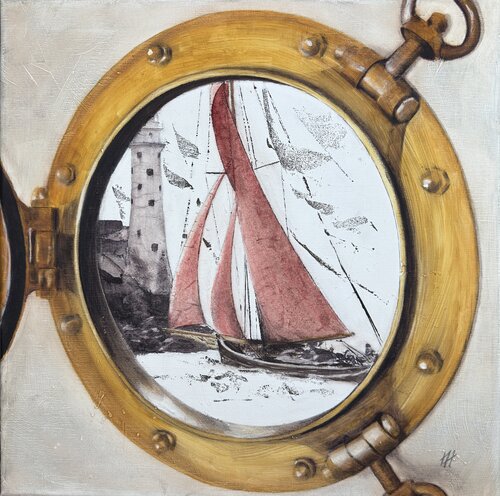 Vue sur le phare du Fasnet Rock au travers du hublot de la cabine by Alain Abramatic, Painting for Sale on Select
