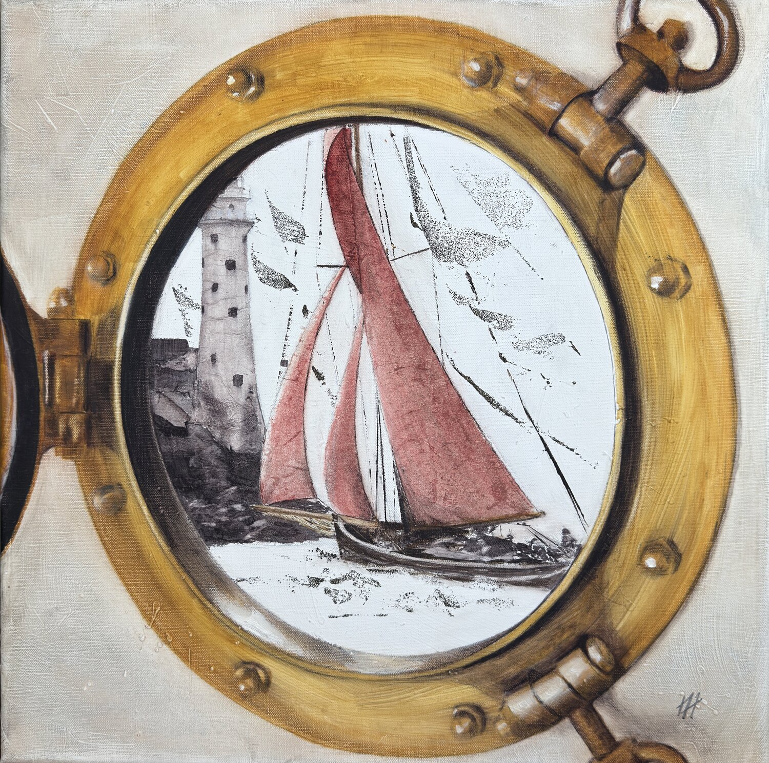 Vue sur le phare du Fasnet Rock au travers du hublot de la cabine Alain Abramatic Original painting for sale