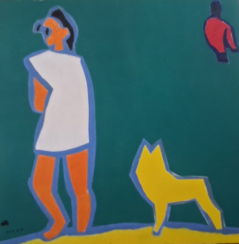 beach scene, femme, yellow dog von Harry FENNEY, Malerei kaufen auf Select