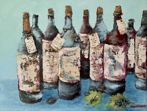 Vintage Wine Bottles by Dora Kalinova, Painting for Sale on Select