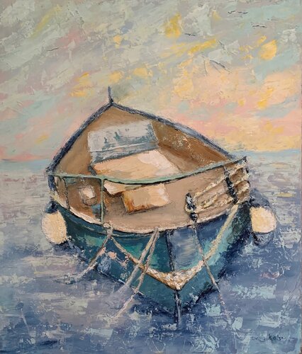 Old boat by summer sea horizon by Dora Kalinova, Painting for Sale on Select
