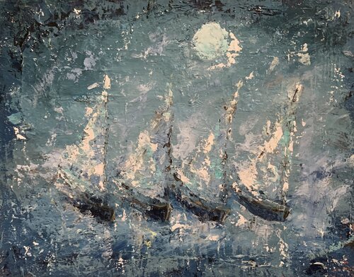 Sailboats blue dream by Dora Kalinova, Painting for Sale on Select