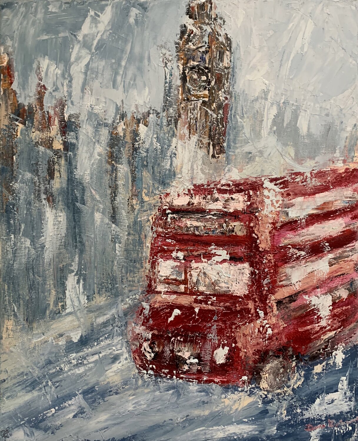 Iconic London Bus Cityscape Dora Kalinova Original painting for sale
