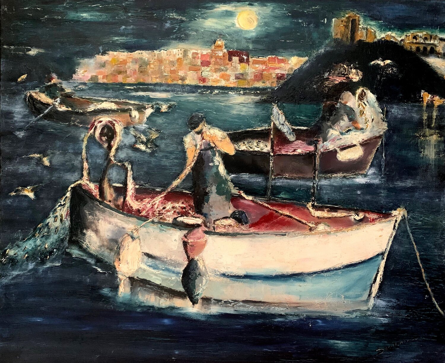 Nighttime fishing scene Dora Kalinova Original painting for sale