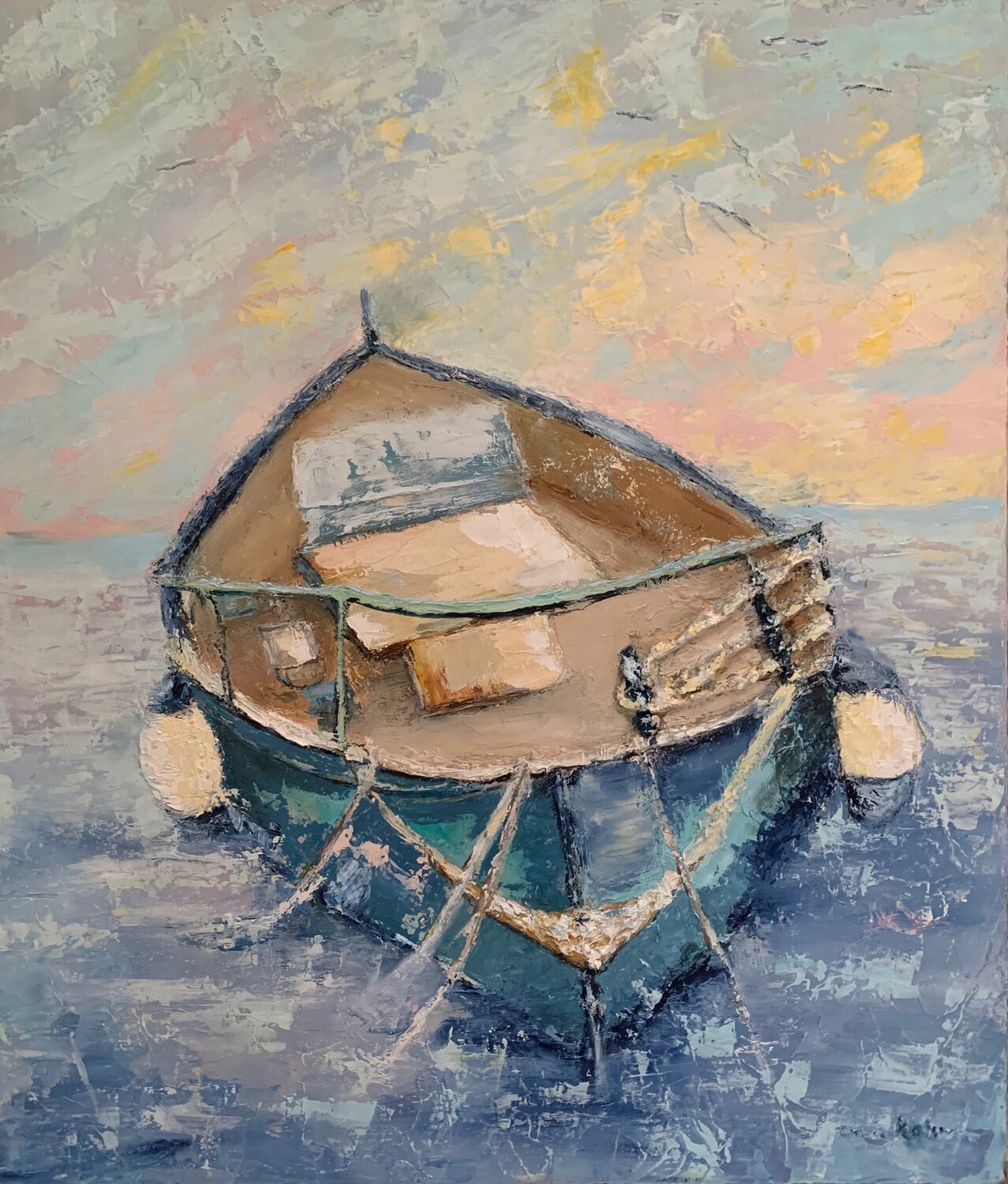 Old boat by summer sea horizon Dora Kalinova Original painting for sale
