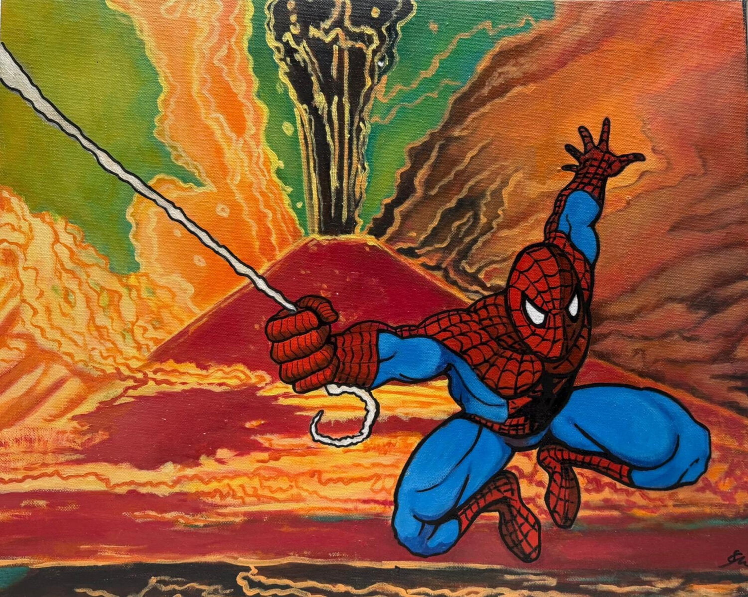 Spiderman on Vesuvio Fabrizio Ceccarelli Original painting for sale