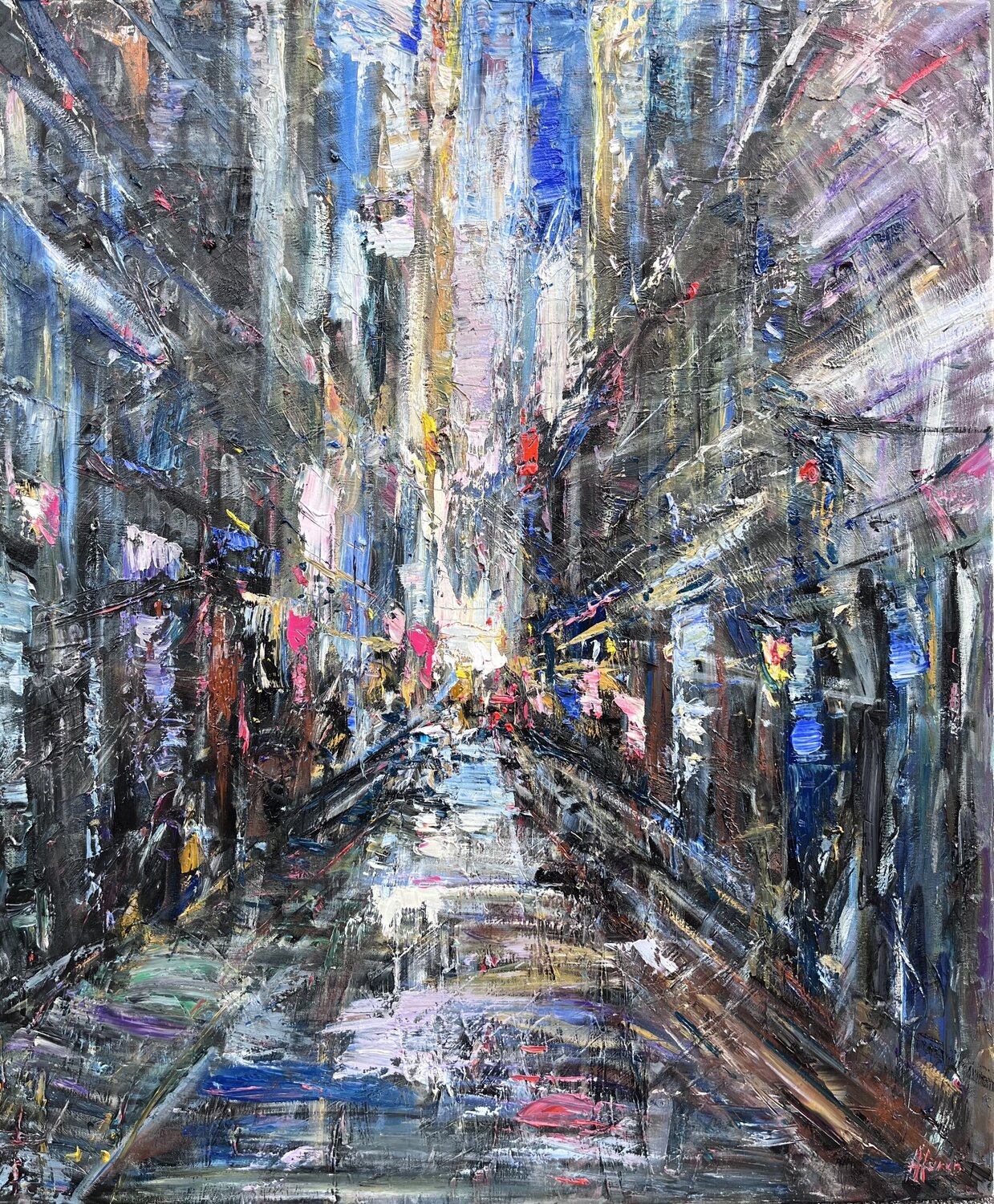 ABSTRACT CITY LIGHTS 90 X 108 oil on canvas Altin Furxhi Original painting for sale
