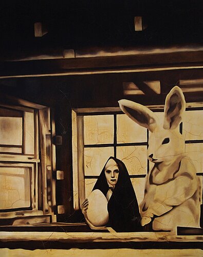 Enigmatic Oil Painting: Nun and Giant Bunny in Sepia. by Daheaven Art, Painting for Sale on Select