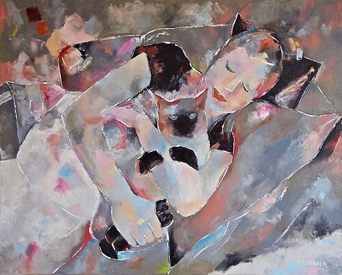 Abstract Oil Painting of Woman Embracing Cat. by Daheaven Art, Painting for Sale on Select