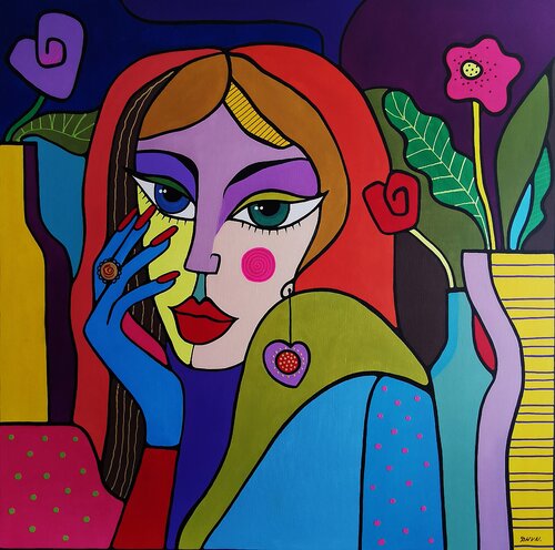 Blossom of the Soul Expressive Woman Portrait with Flowers. by Daheaven Art, Painting for Sale on Select
