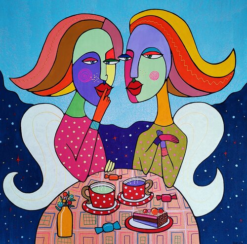 Magical Tea Time Under a Starry Sky Naïve Acrylic Painting. by Daheaven Art, Painting for Sale on Select