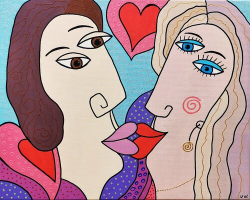 Romantic couple kisses love acrylic painting. by Daheaven Art, Painting for Sale on Select