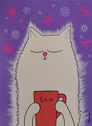 Dreamy White Cat Tea Time Naïve Painting. by Daheaven Art, Painting for Sale on Select
