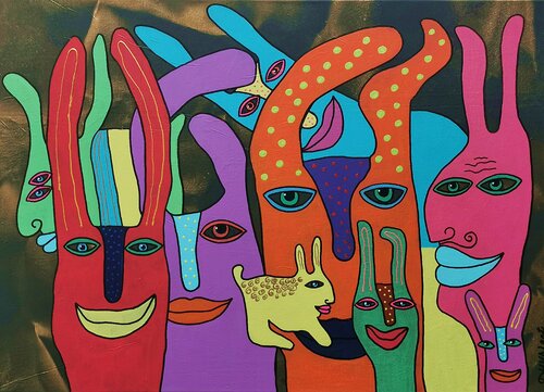 Funny Bunnies Naive Acrylic Painting. by Daheaven Art, Painting for Sale on Select