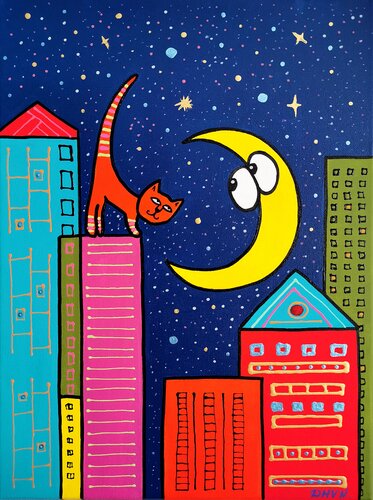 Moonlit Rooftop Rendezvous. by Daheaven Art, Painting for Sale on Select