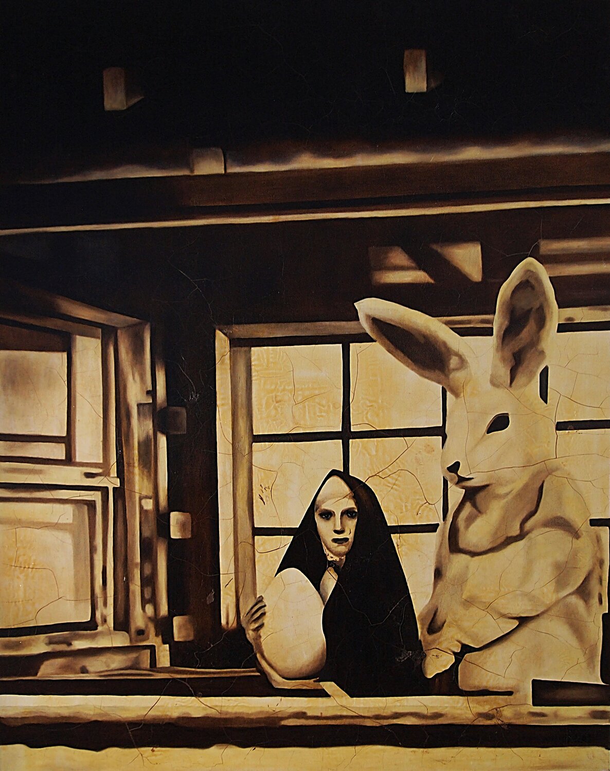 Enigmatic Oil Painting: Nun and Giant Bunny in Sepia. Daheaven Art Original painting for sale