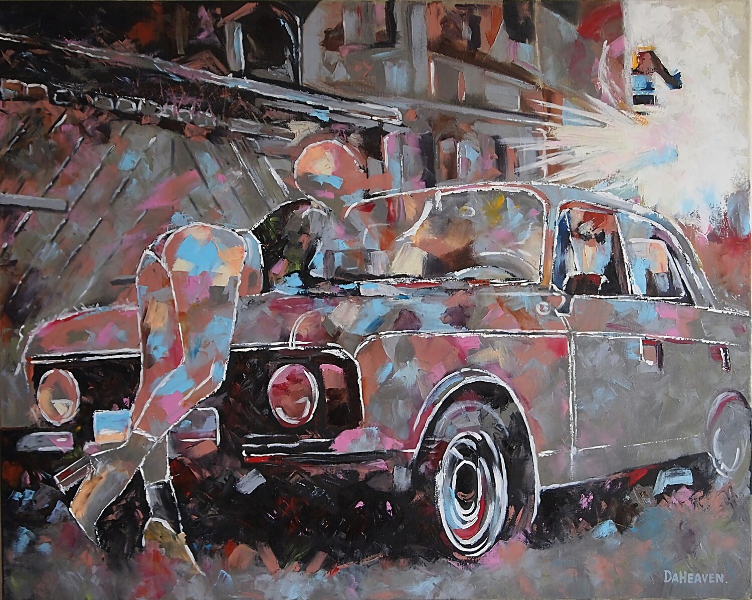 Urban Whimsy: Abstract Woman with Classic Car. Daheaven Art Original painting for sale