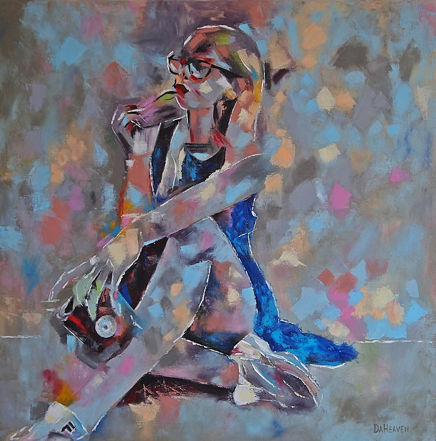 Vibrant Visionary - Colorful Impressionistic Oil Painting of Seated Woman. Daheaven Art Original painting for sale