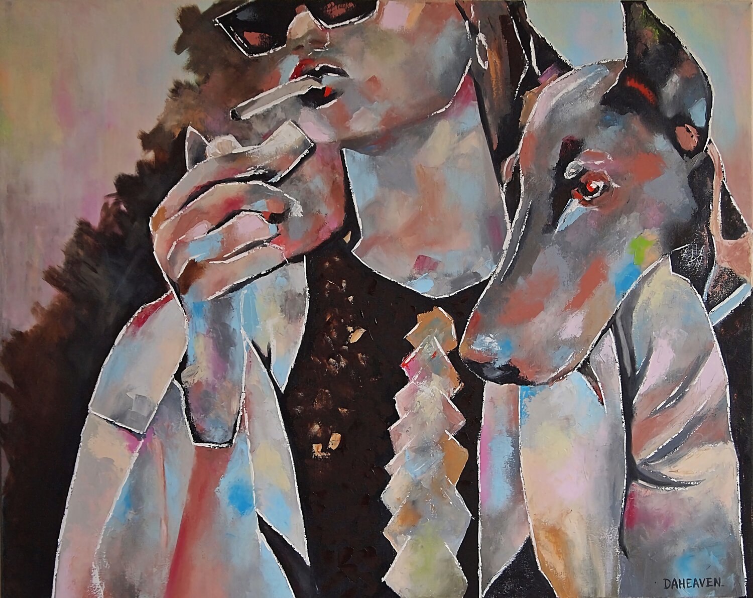 Impressionist Oil Painting of Woman and Doberman. Daheaven Art Original painting for sale
