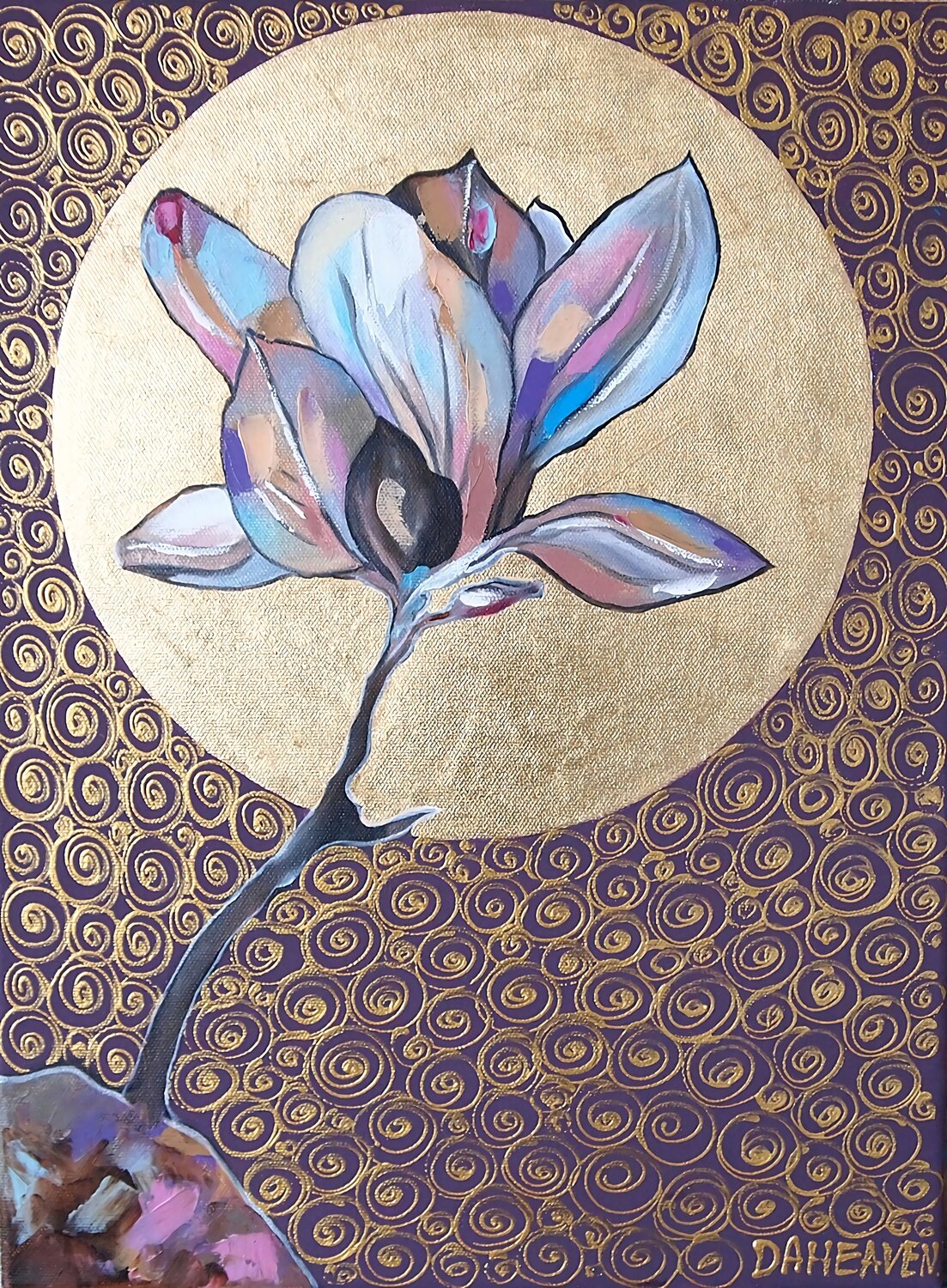 Colorful magnolia flower on the deep violet background. Daheaven Art Original painting for sale