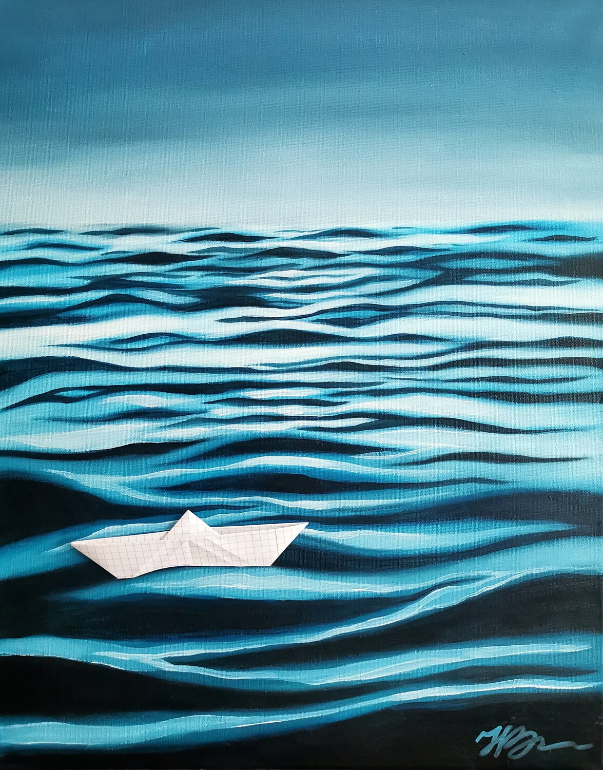 Seascape with origami paper boat - On the wave of memory. Daheaven Art Original painting for sale