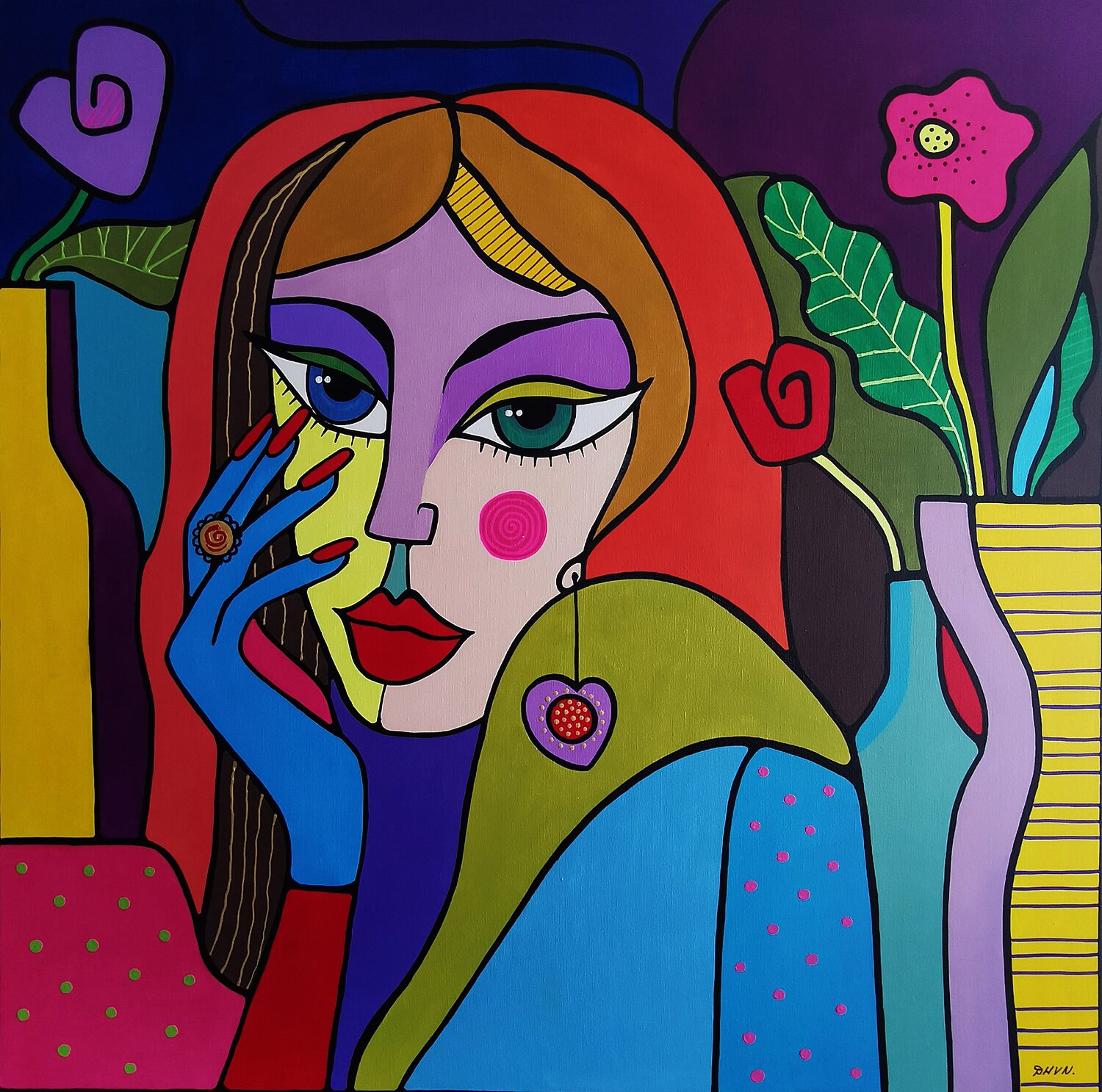Blossom of the Soul Expressive Woman Portrait with Flowers. Daheaven Art Original painting for sale
