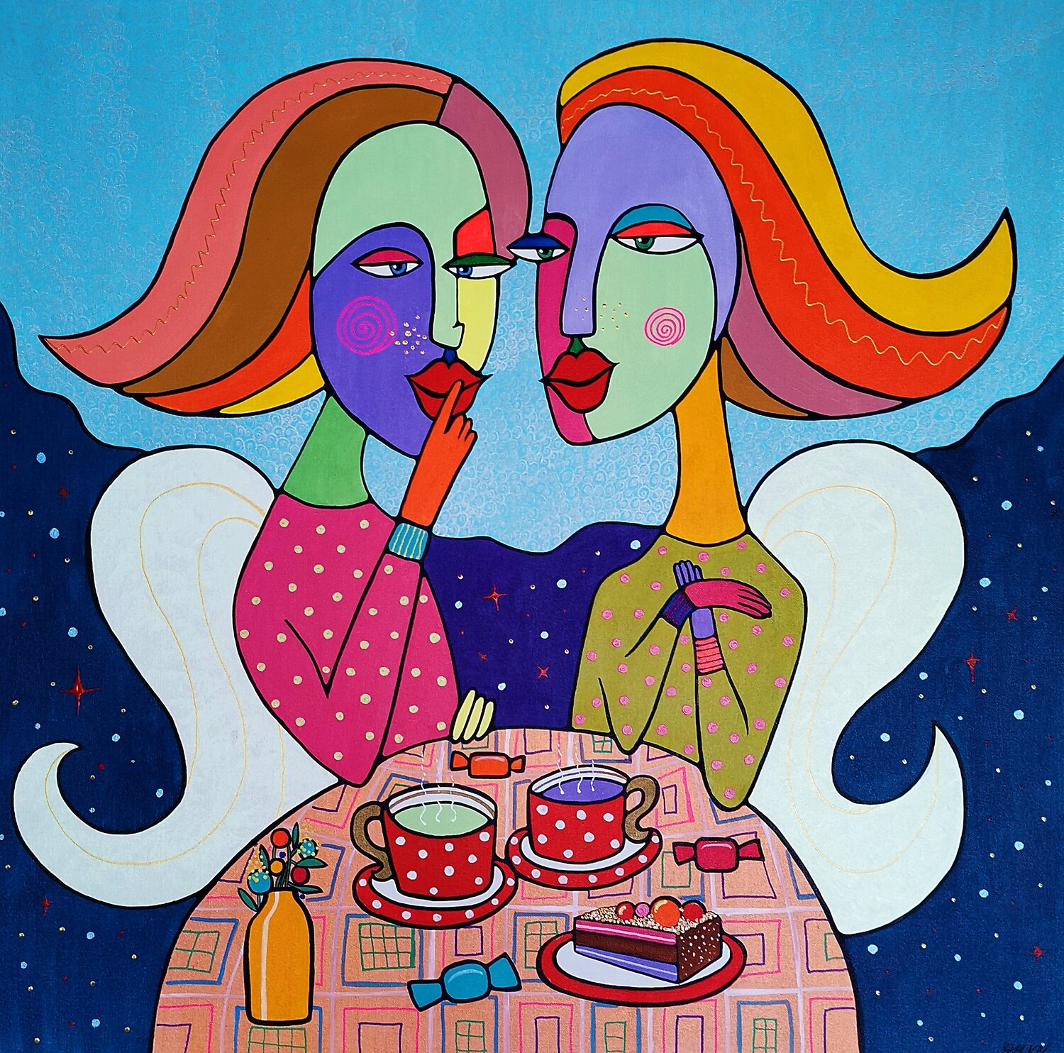 Magical Tea Time Under a Starry Sky Naïve Acrylic Painting. Daheaven Art Original painting for sale