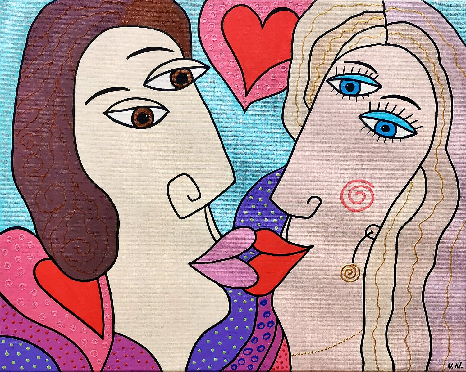 Romantic couple kisses love acrylic painting. Daheaven Art Original painting for sale