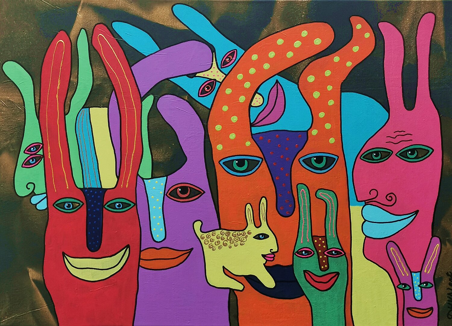 Funny Bunnies Naive Acrylic Painting. Daheaven Art Original painting for sale