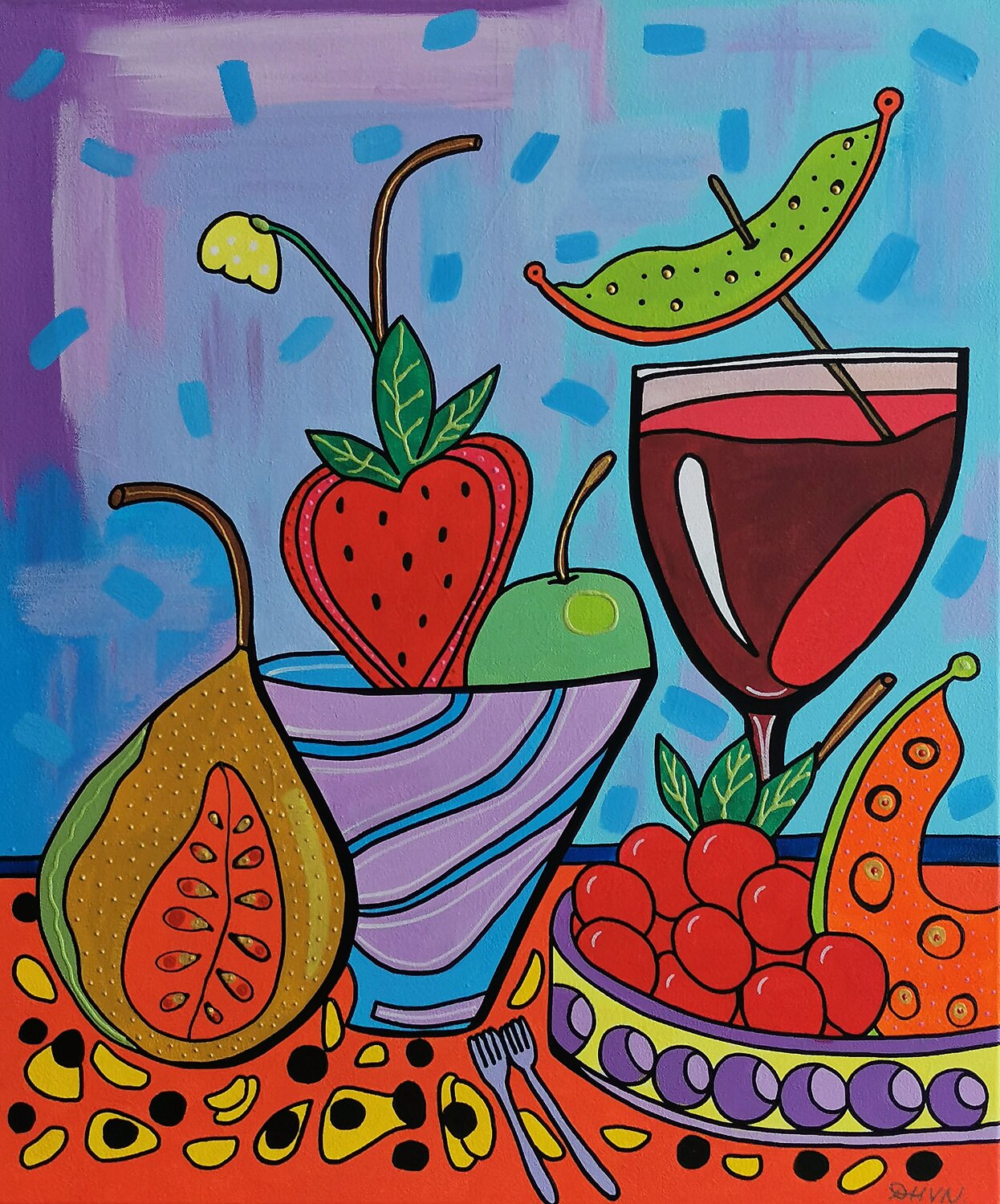 Summer red cocktail naive still life. Daheaven Art Original painting for sale