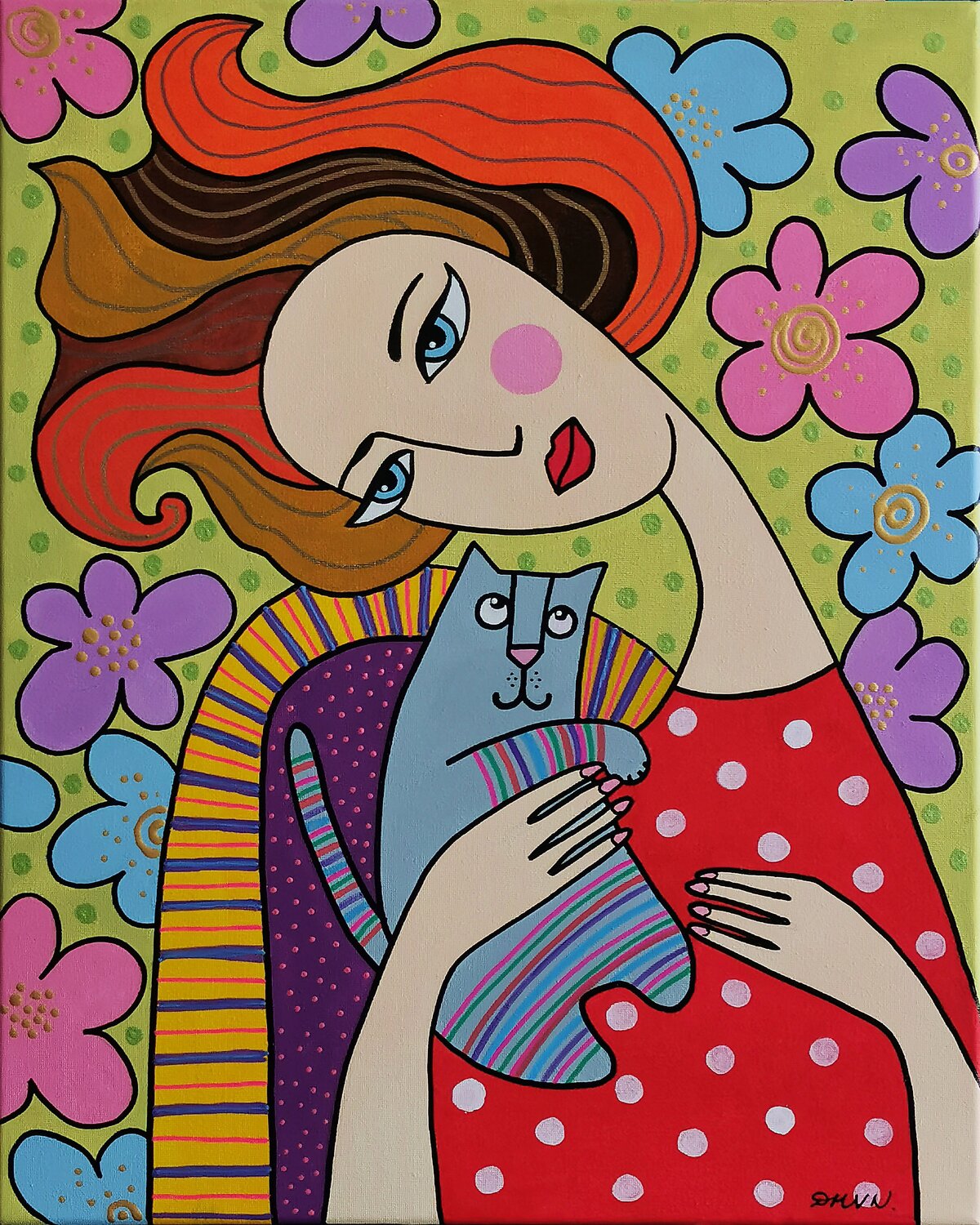 Girl with Kitten naïve style painting. Daheaven Art Original painting for sale