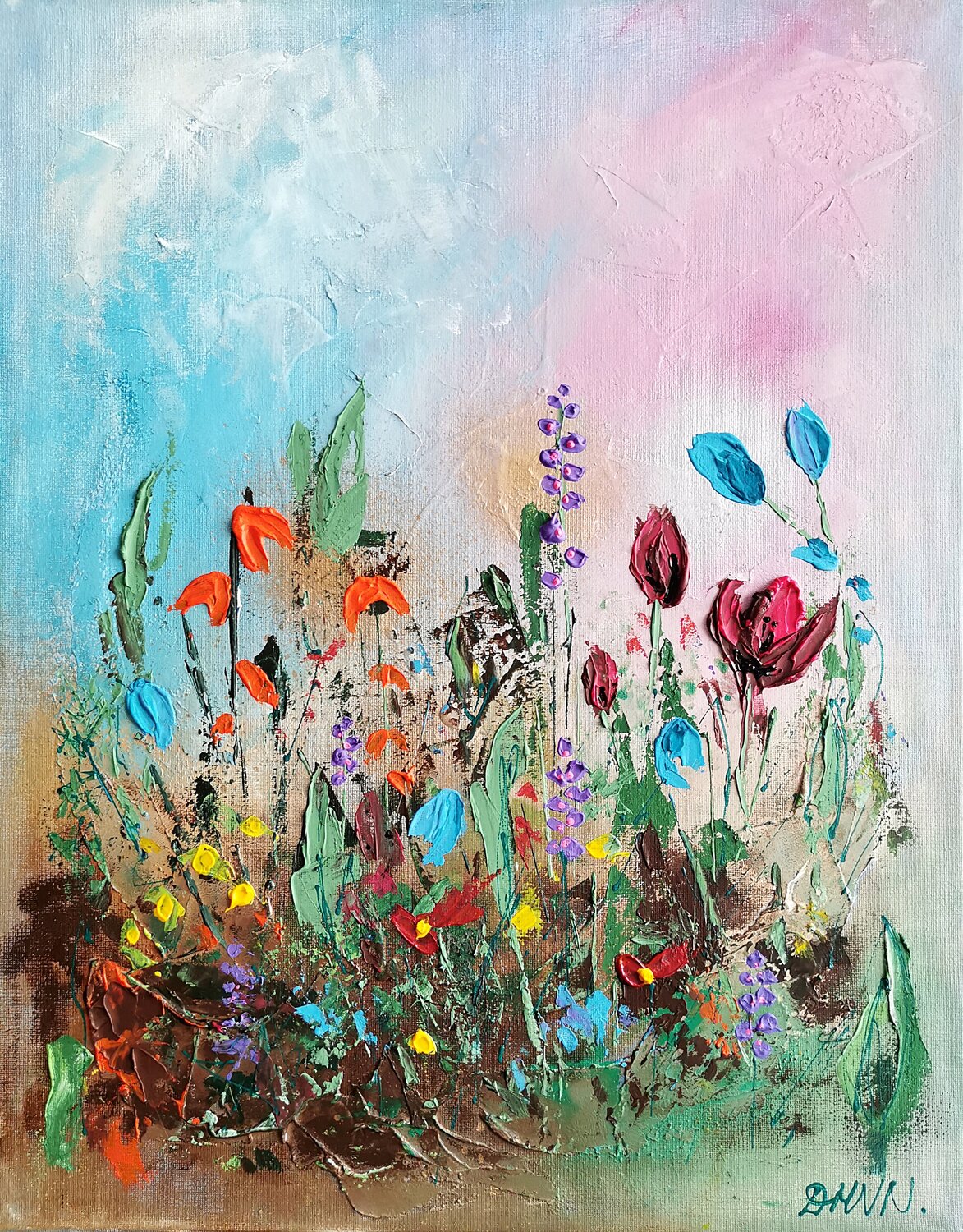 Meadow flowers abstract palette knife painting. Daheaven Art Original painting for sale