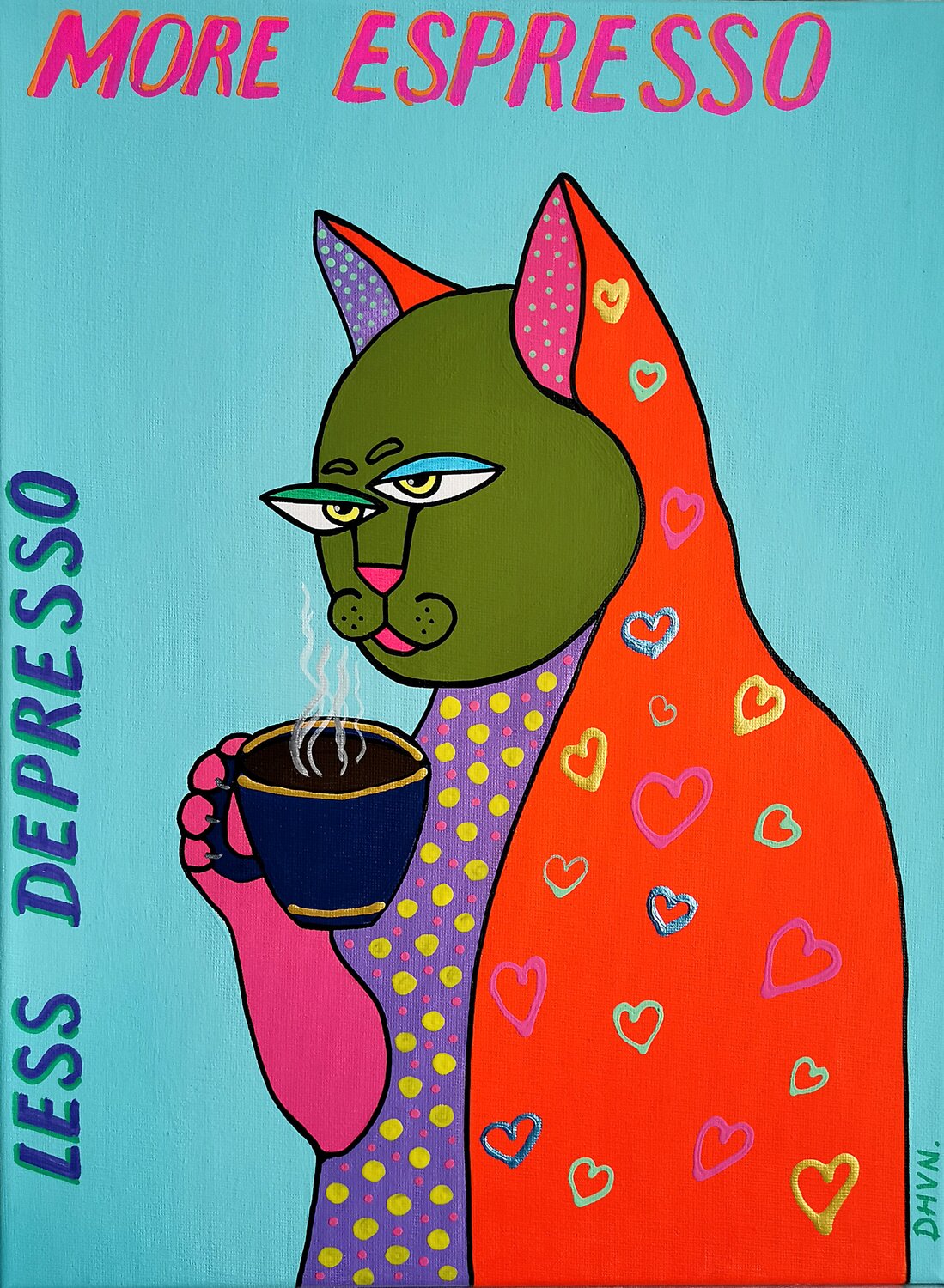 Coffee Cat. Daheaven Art Original painting for sale