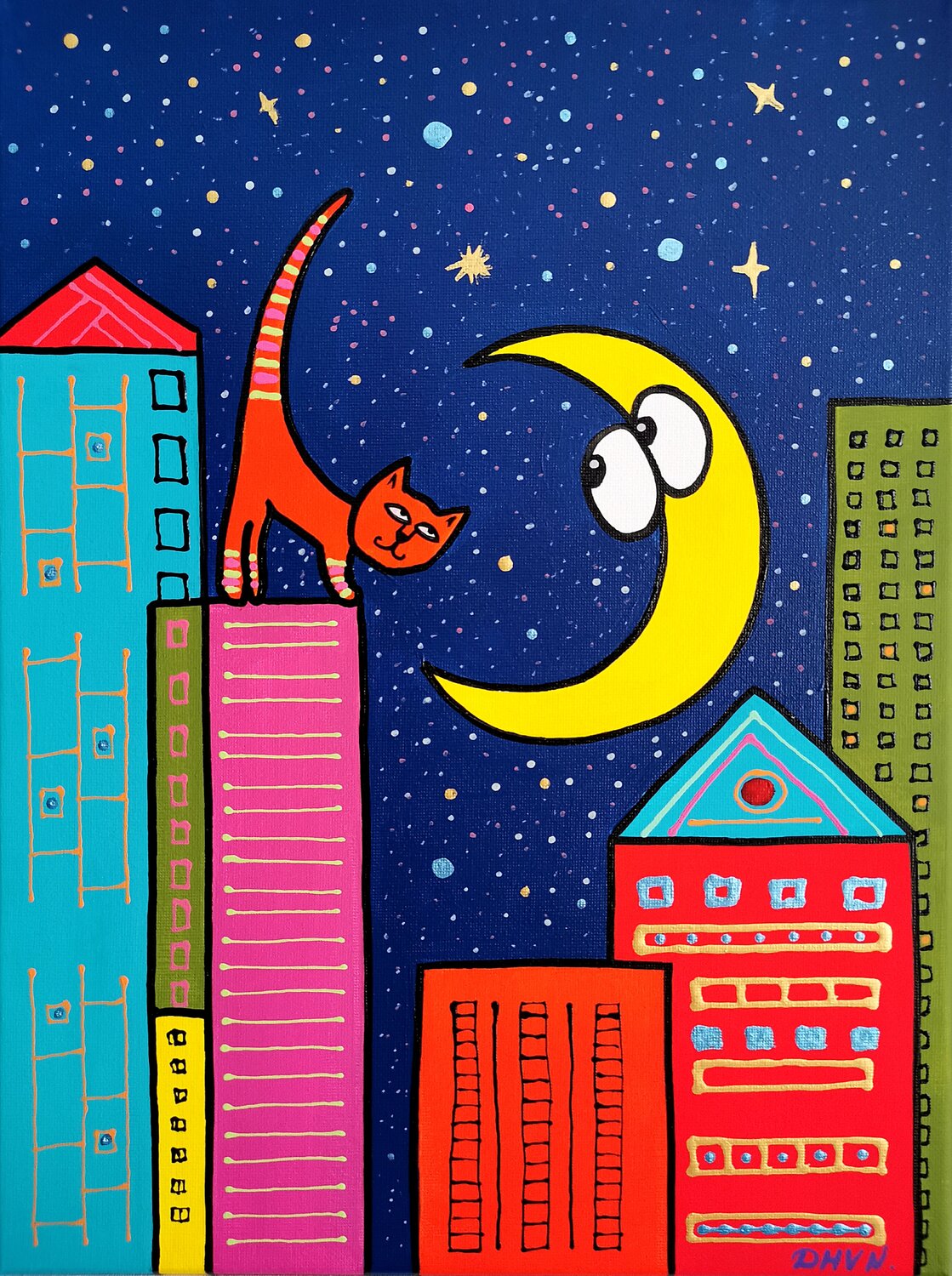Moonlit Rooftop Rendezvous. Daheaven Art Original painting for sale