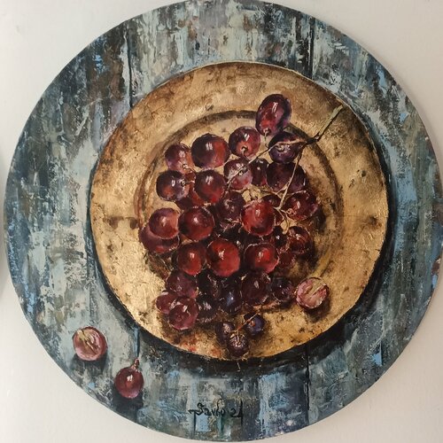 Grapes on a golden plate. by Tetyana Donets, Painting for Sale on Select