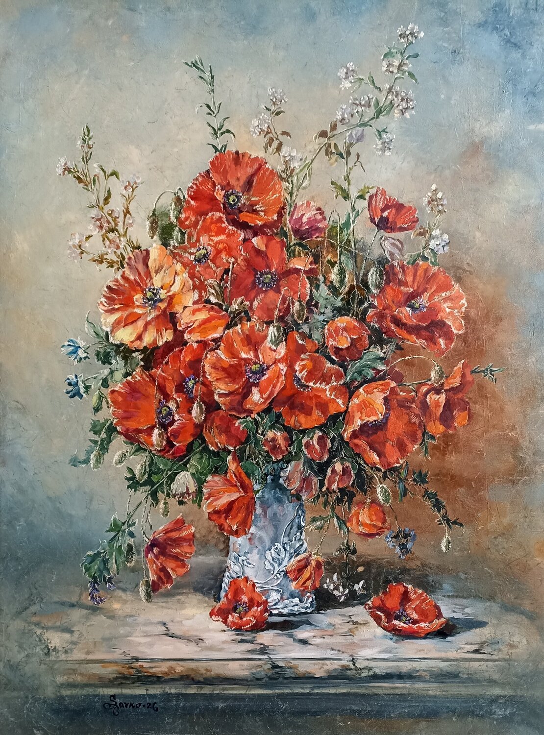 Poppies in a porcelain vase. Tetyana Donets Original painting for sale