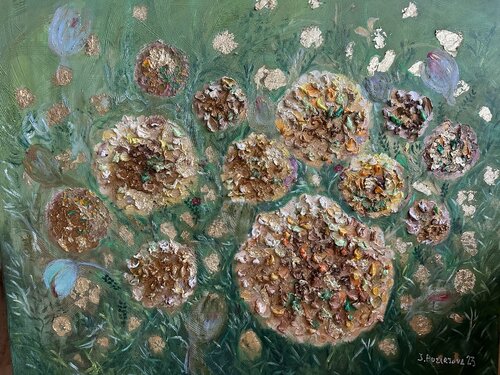 Golden Spheres of Hope on a green field by JULIJA PUZIRJOVA, Painting for Sale on Select