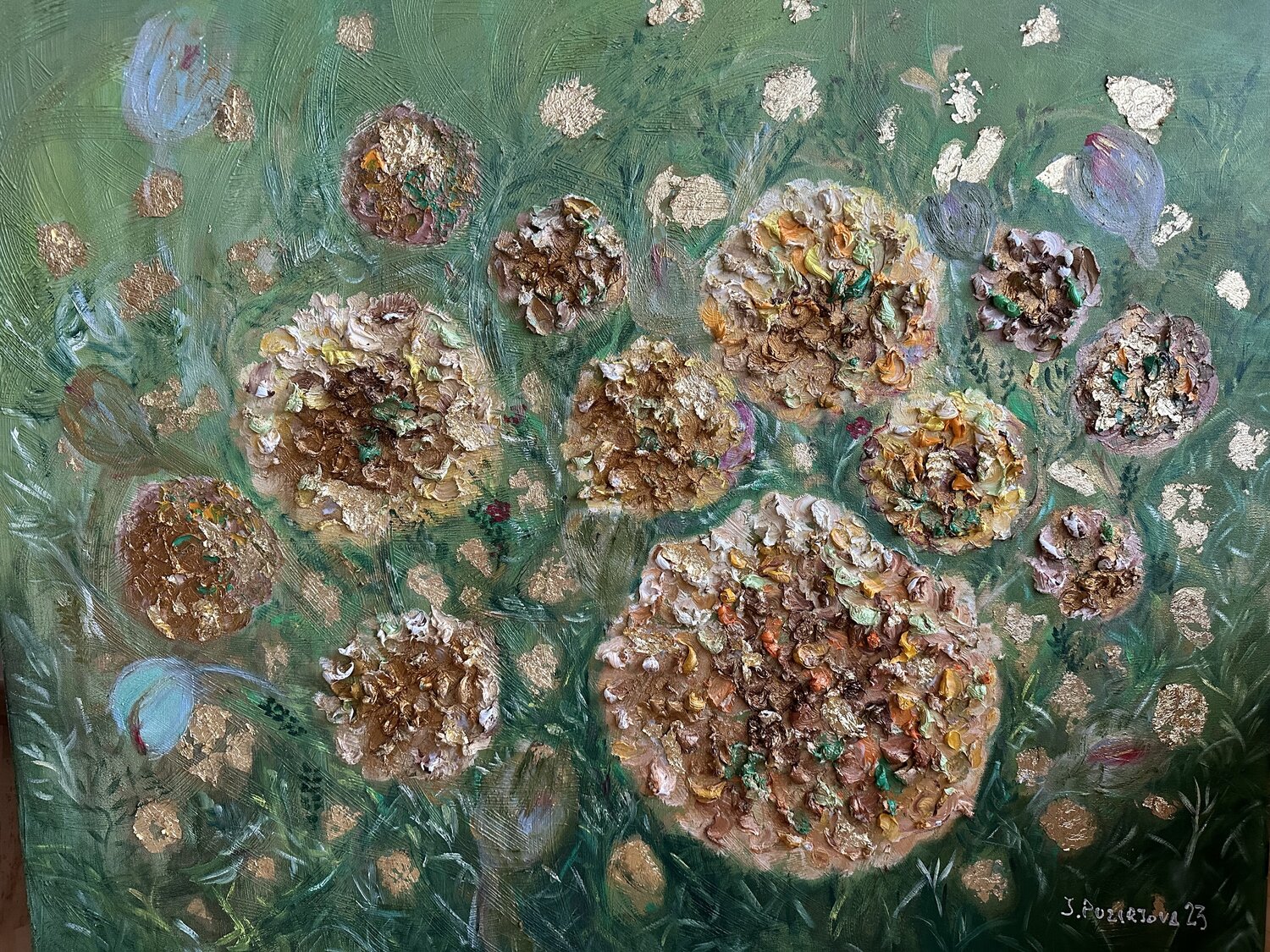 Golden Spheres of Hope on a green field JULIJA PUZIRJOVA Original painting for sale
