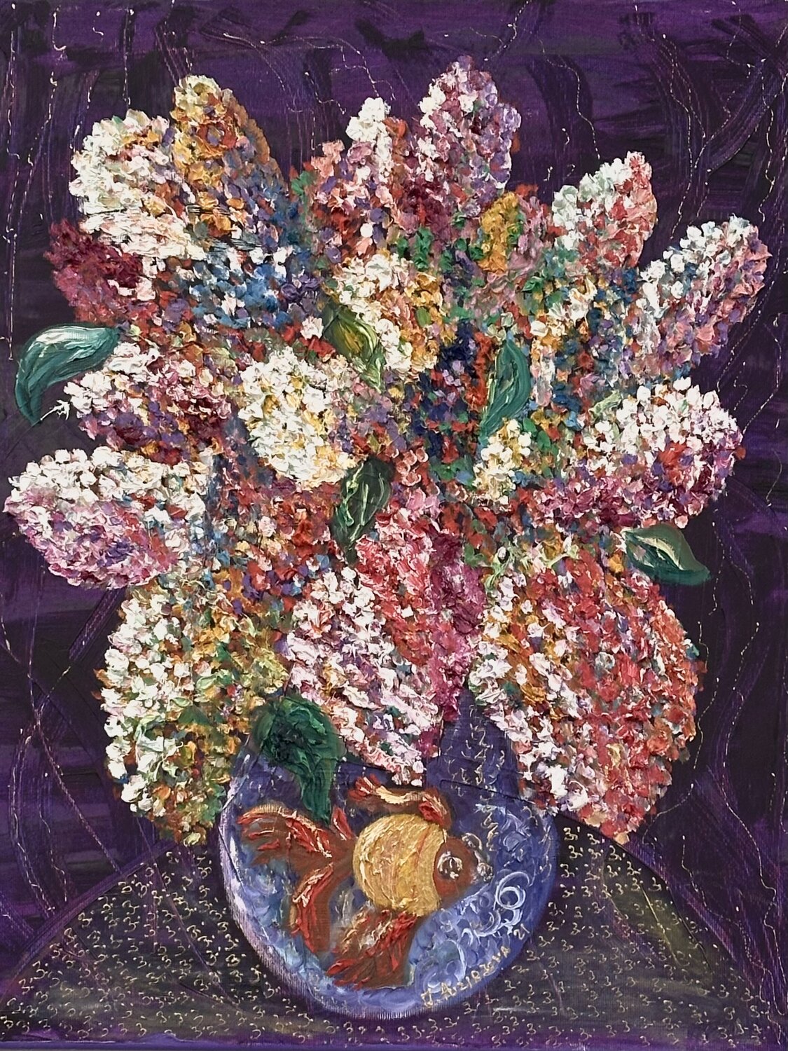 The fish didn’t ask for this much lilac, but fine. JULIJA PUZIRJOVA Original painting for sale